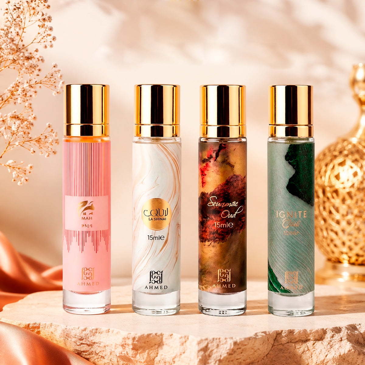 Ahmed Al Maghribi Fragrance Collection For Him Beat Of Marj Eau de Parfum 0.5oz + Laathani Eau de Parfum 0.5oz + Ignite Oud Eau de Parfum 0.5oz + Summer Eau de Parfum 0.5oz Gift Set For Men