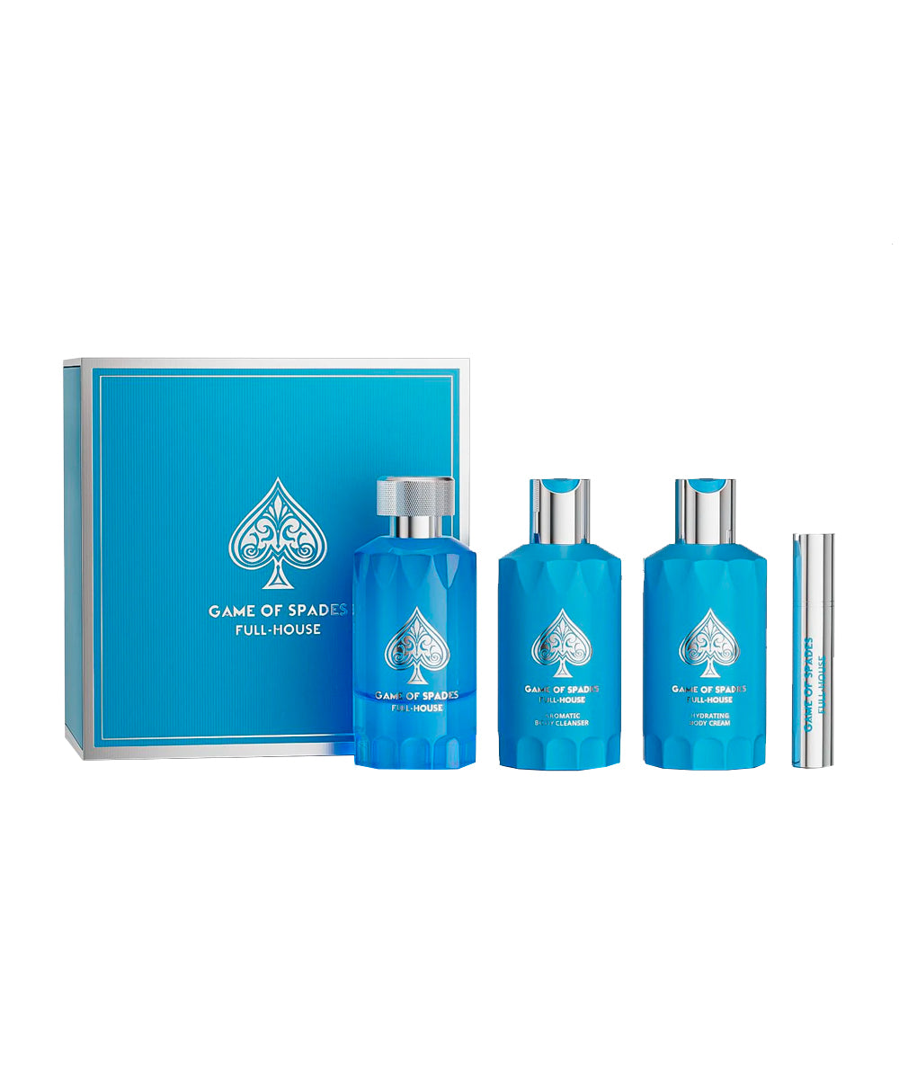 Jo Milano Game of Spades Full House Blue Eau de Parfum 3.4oz + Eau de Parfum 0.34oz + Body Lotion 3.4oz + Shower Gel 3.4oz Gift Set For Men