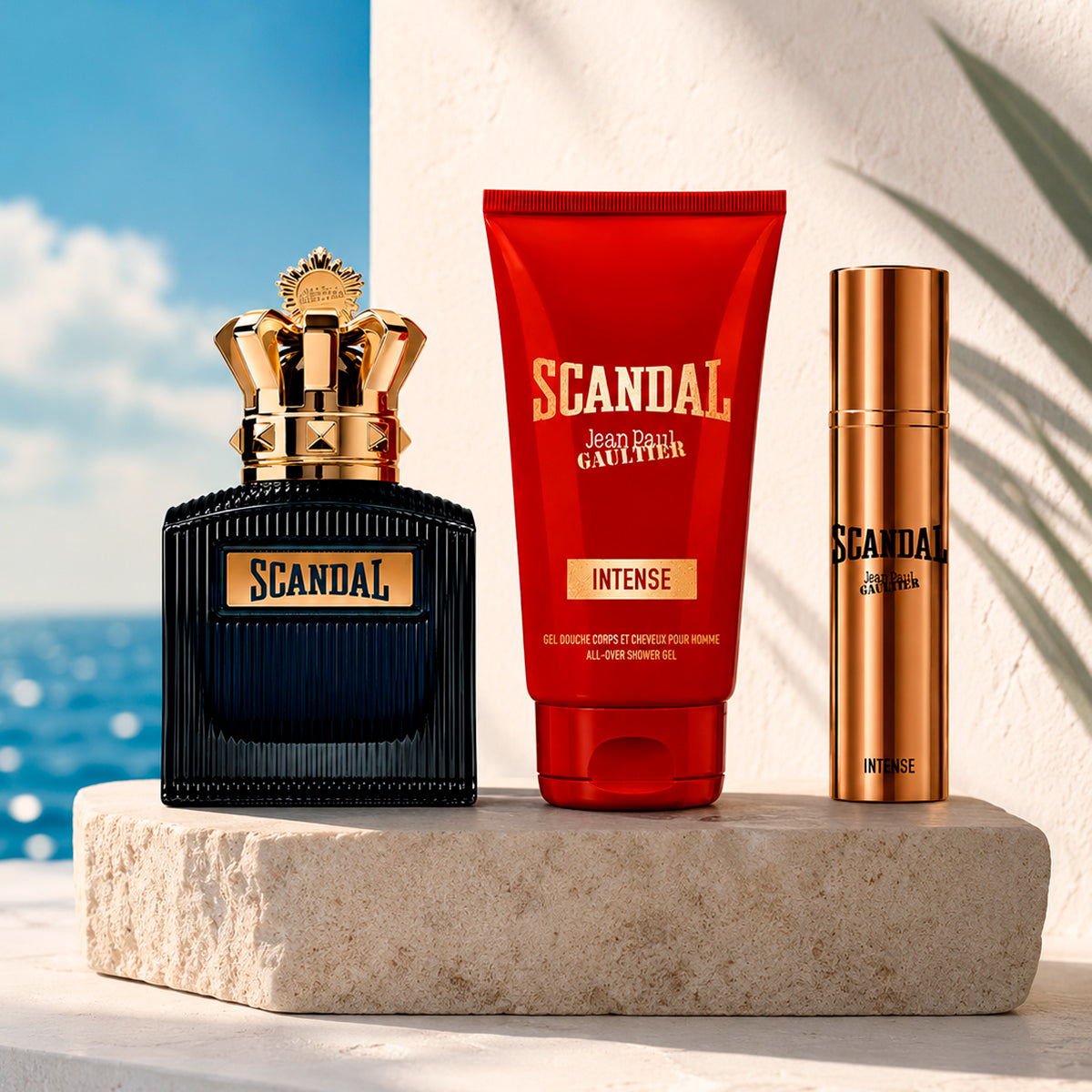 Jean Paul Gaultier Scandal Pour Homme Intense Eau de Perfum 3.4oz + Eau de Perfum 0.34oz + Gel Douche 2.5oz Gift Set For Men