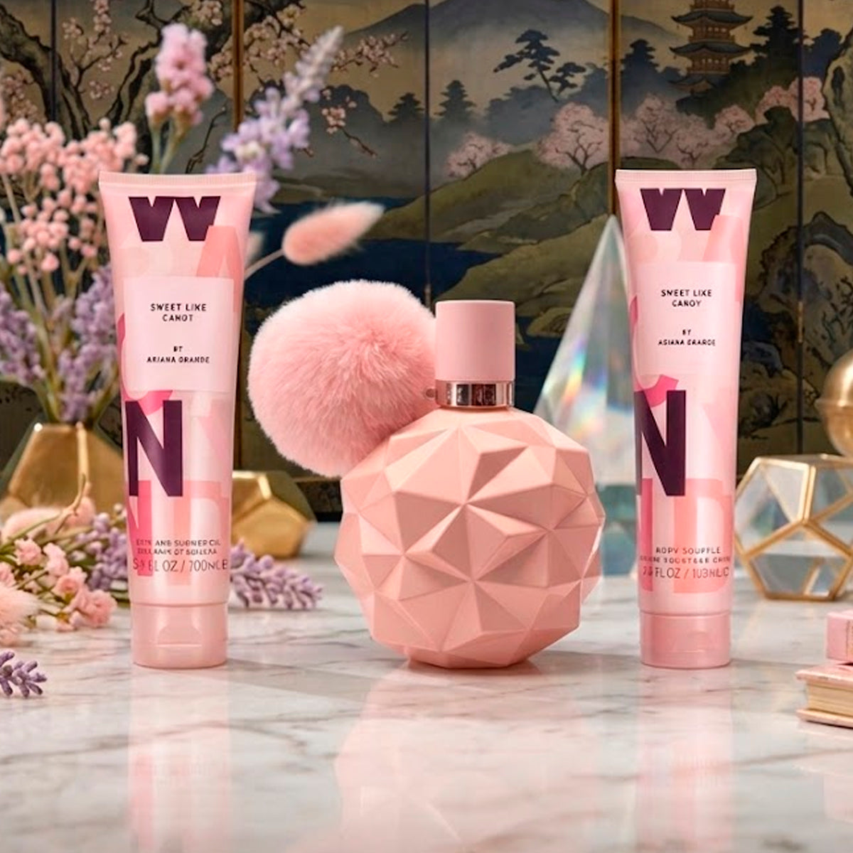 Ariana Grande Sweet Like Candy Eau De Parfum 3.4oz + Body Souffle 3.4oz + Shower Gel 3.4oz Gift Set For Women
