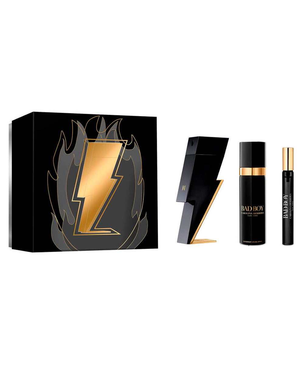 Carolina Herrera Bad Boy Eau de Toilette 3.4oz + Eau de Toilette 0.34oz + Deodorant Spray 3.4oz Gift Set For Men