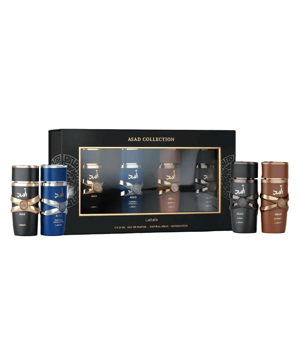 Lattafa Asad Collection Asad Eau de Parfum 0.84oz + Elixir Eau de Parfum 0.84oz + Bourbon Eau de Parfum 0.84oz + Zanzibar Eau de Parfum 0.84oz Gift Set For Men