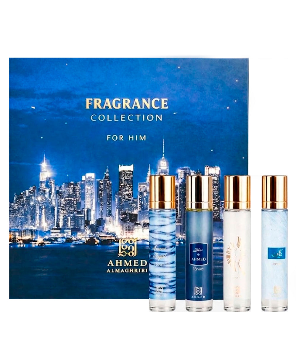 Ahmed Al Maghribi Fragrance Collection For Him Kaaf Eau de Parfum 0.5oz + Azure Royal Eau de Parfum 0.5oz + Blue by Ahmed Eau de Parfum 0.5oz + O'Clock Eau de Parfum 0.5oz Gift Set For Men