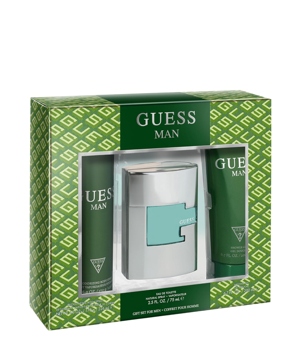Guess Man Eau de Toilette 2.5oz + Shower Gel 6.8oz + Deodorant Body Spray 6oz Gift Set For Men