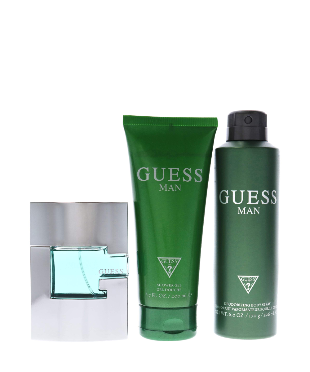 Guess Man Eau de Toilette 2.5oz + Shower Gel 6.8oz + Deodorant Body Spray 6oz Gift Set For Men