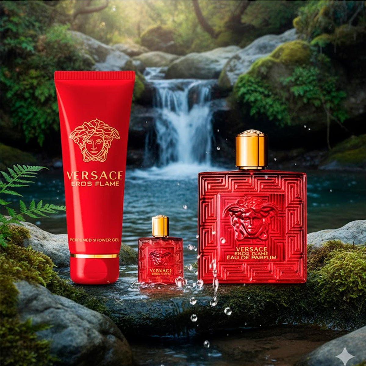 Gianni Versace Eros Flame Eau de Parfum 3.3oz + Eau de Parfum 0.17 + Shower Gel 5oz Gift Set For Men