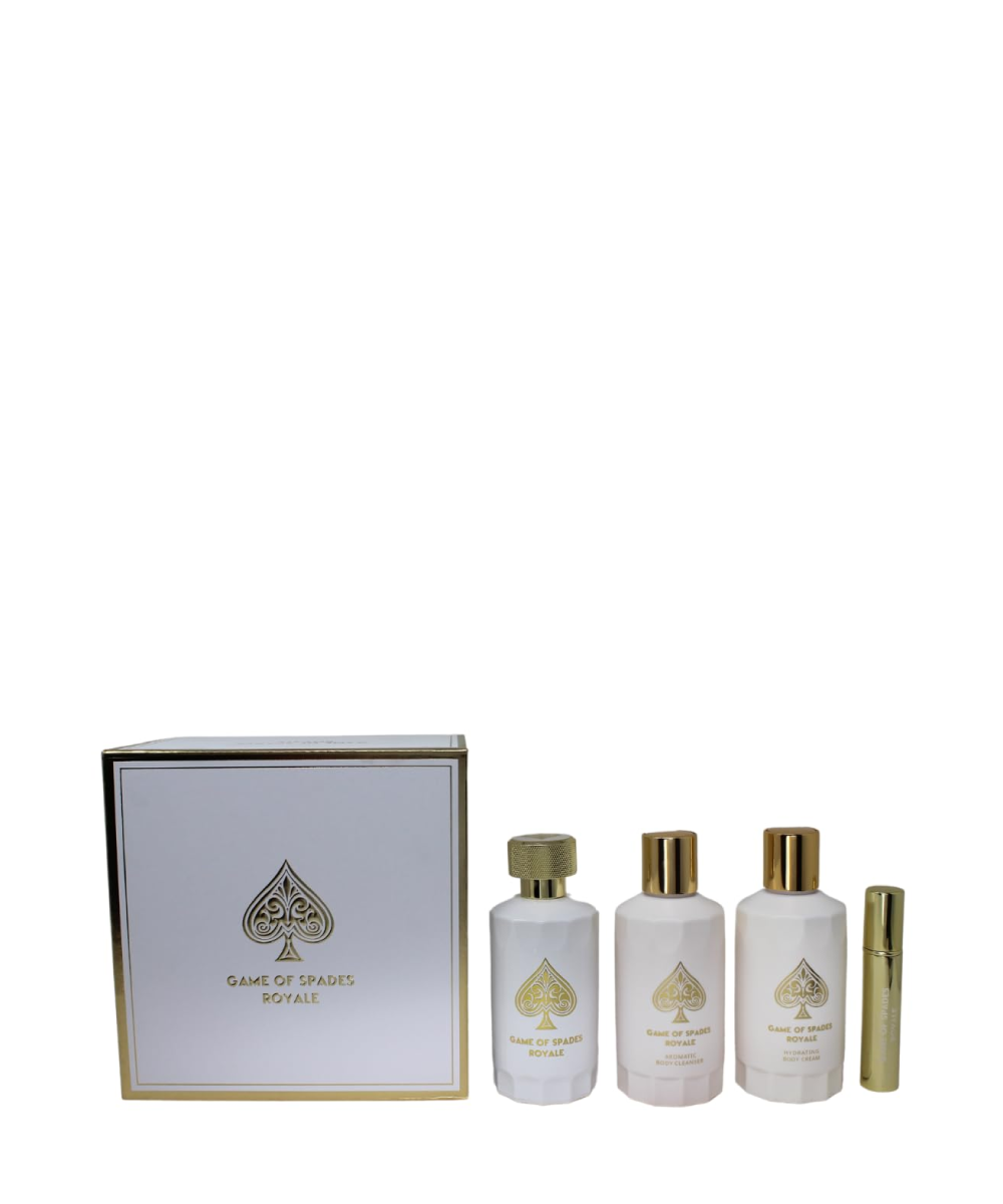 Jo Milano Game of Spades Royal White Eau de Parfum 3.4oz + Mini 0.34oz + Body Lotion 3.4oz + Shower Gel 3.4oz Gift Set Unisex