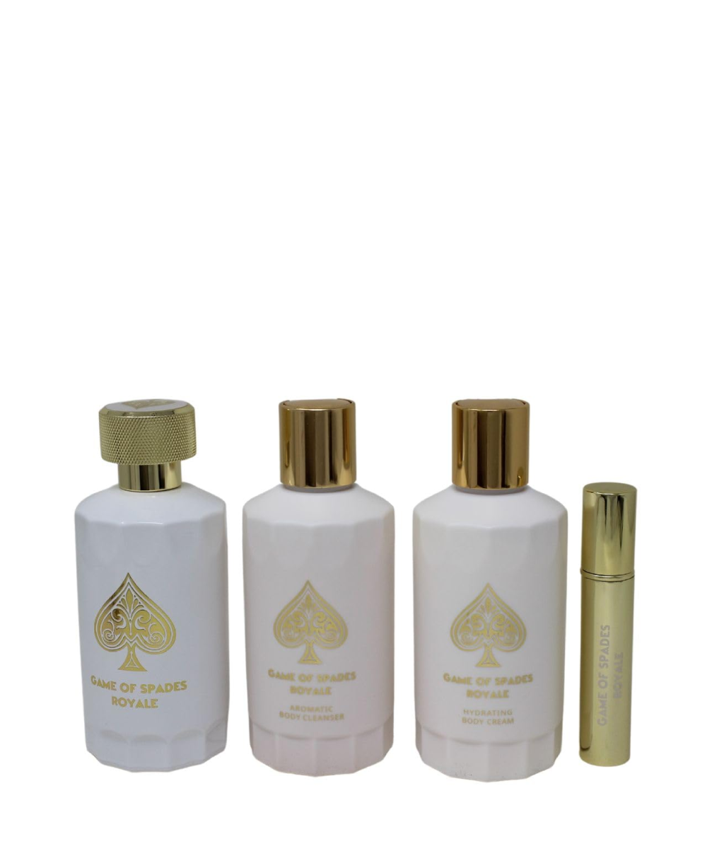 Jo Milano Game of Spades Royal White Eau de Parfum 3.4oz + Mini 0.34oz + Body Lotion 3.4oz + Shower Gel 3.4oz Gift Set Unisex