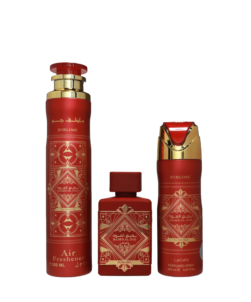 Lattafa Bade'e Al Oud Sublime Eau de Parfum 3.4oz + Perfumed Spray 6.7oz + Air Freshener 10.1oz Gift Set For Men