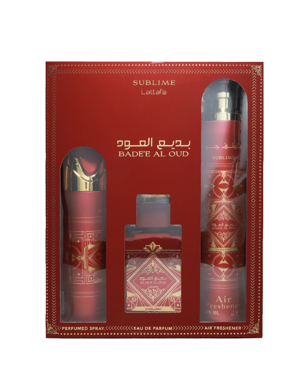 Lattafa Bade'e Al Oud Sublime Eau de Parfum 3.4oz + Perfumed Spray 6.7oz + Air Freshener 10.1oz Gift Set For Men