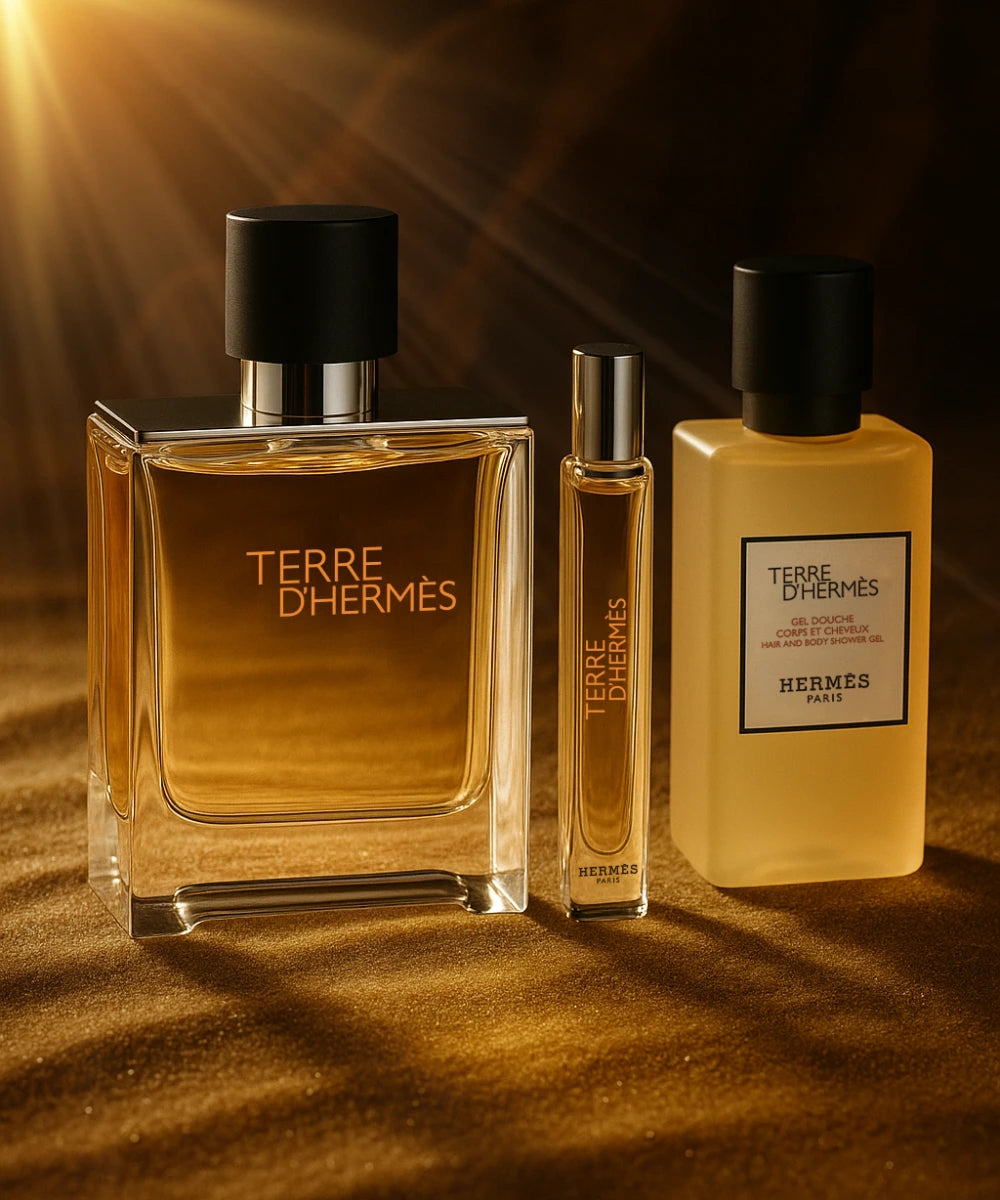 Hermes Terre D'Hermes Pure Parfum 2.5oz + Mini 0.5oz + Shower Gel 1.35oz Gift Set For Men