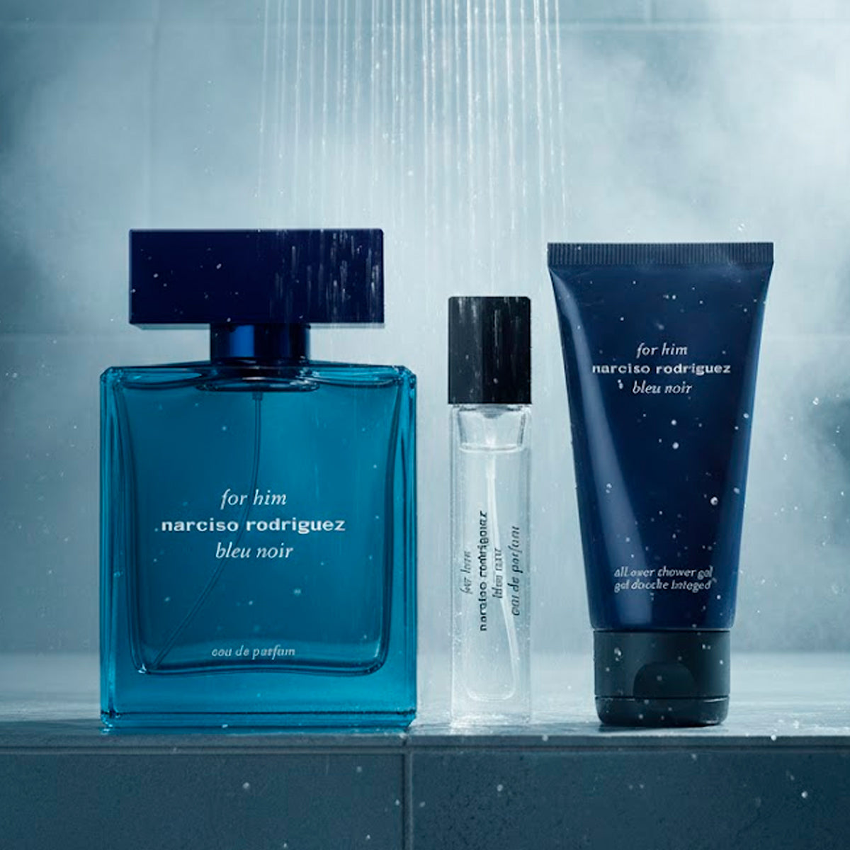 Narciso Rodriguez Bleu Noir for Him Eau de Parfum 3.4oz + Eau de Parfum 0.3oz + Shower Gel 1.6oz Gift Set For Men